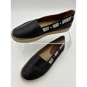 Authentic Givenchy Printed Espadrilles Black Leather Size 8 Flats Elastic